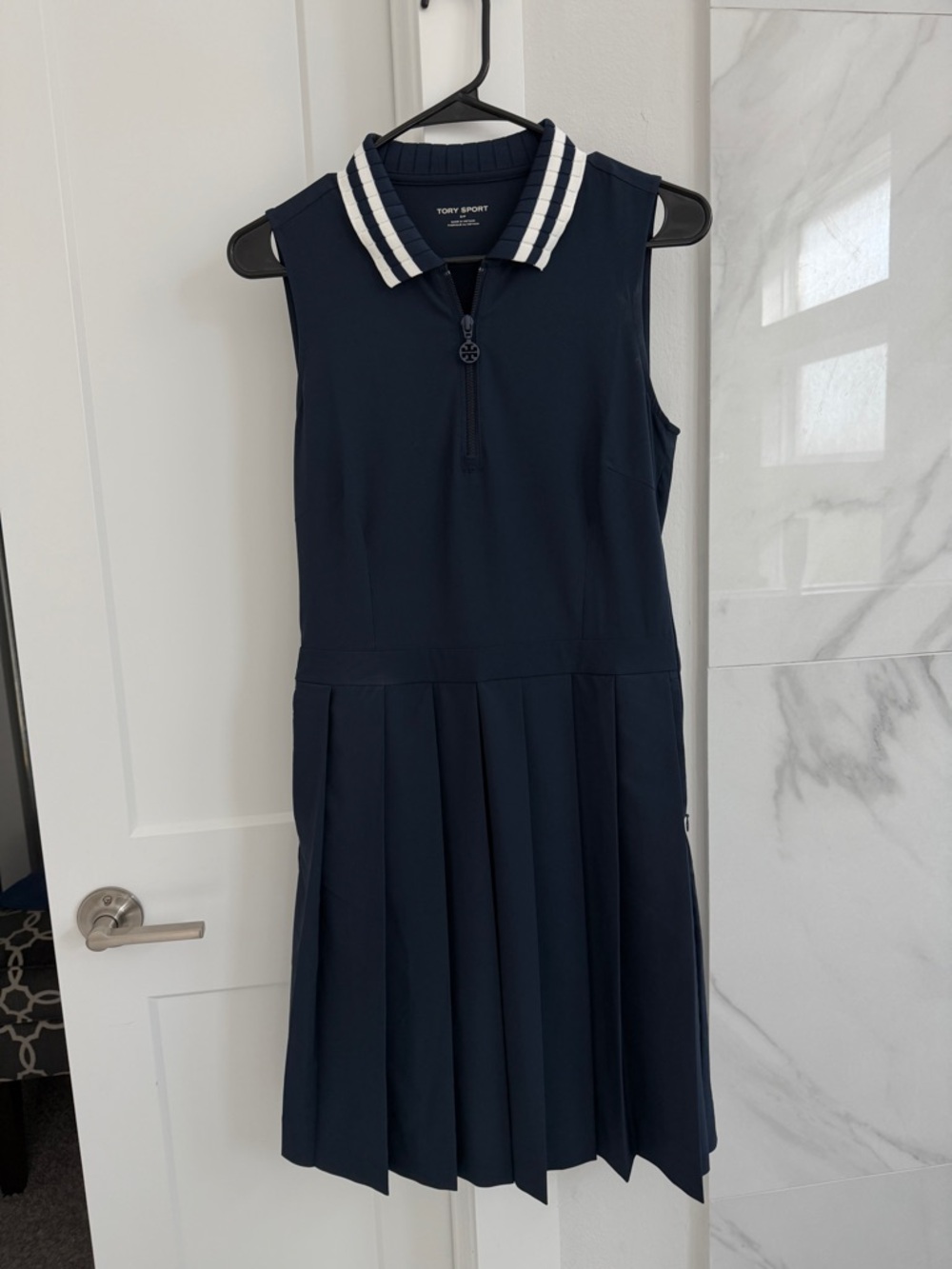 Tory Sport Navy Pleated Polo Dress with White-Trim Collar